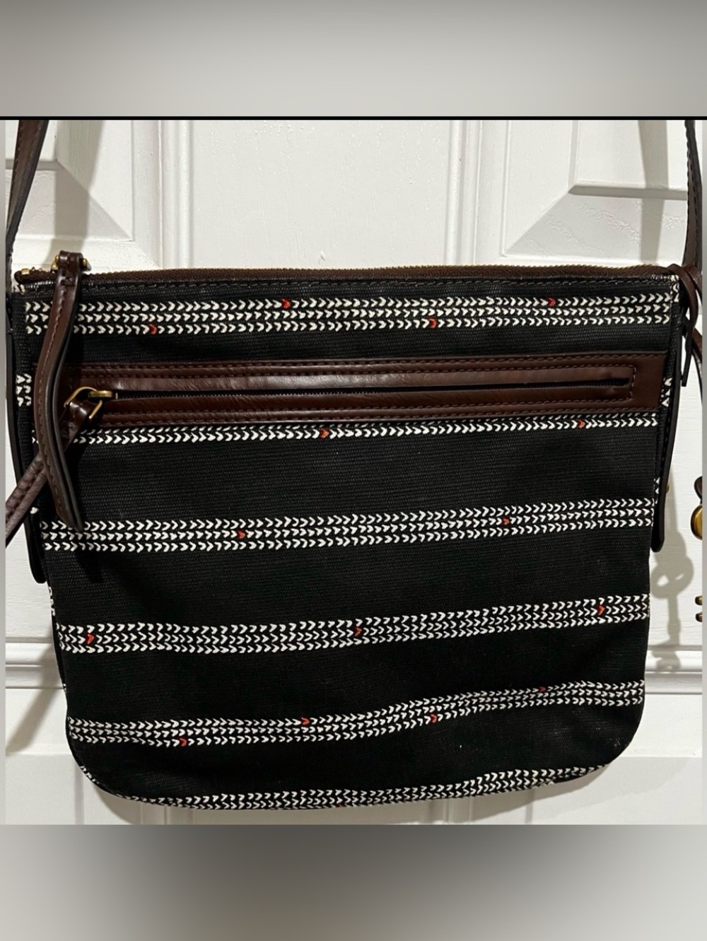FOSSIL Fiona Crossbody Bag Black White   Geometric Pattern Brown Leather Strap